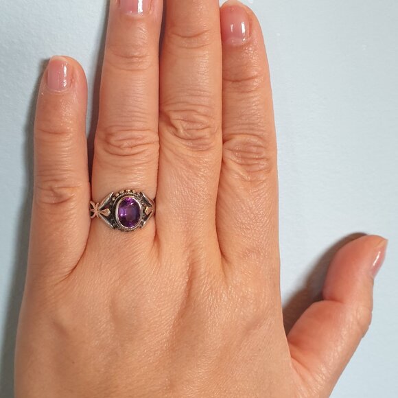 Vintage 9x 6mm Natural Amethyst 925 Sterling Silver Art Nouveau Ring - Picture 9 of 11